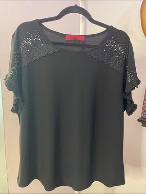 Love Scarlett Black Short Sleeve Lace Yoke Top with Crystal Accents